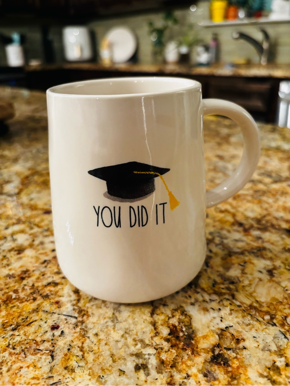 Rae Dunn White Ceramic Graduation Mug with Black Cap and Gold Tassel